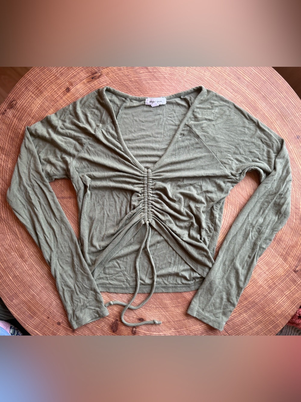 Stitch & Pine Ruched Olive Green Ribbed Long Sleeve Top - Size Small